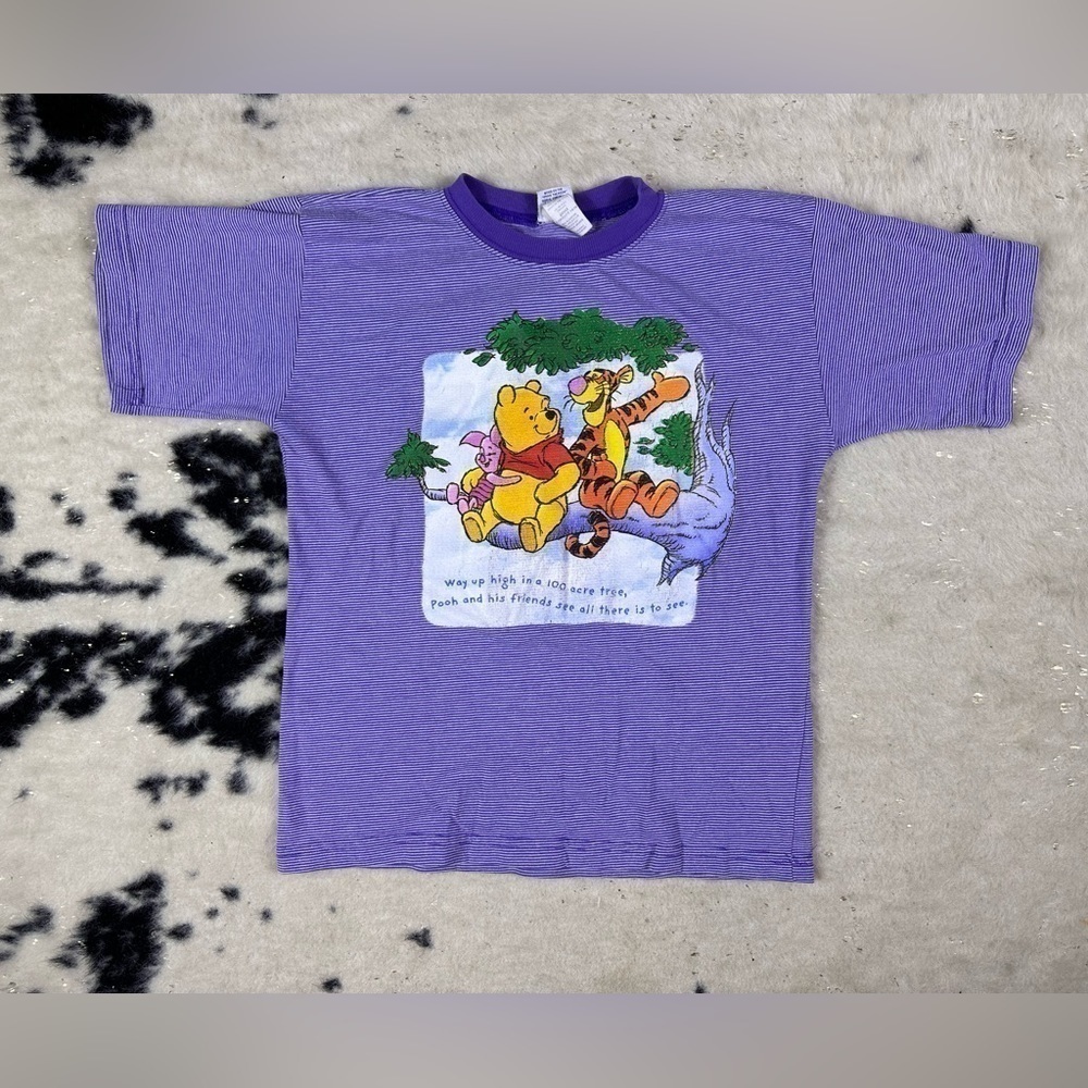 Disney Winnie The Pooh Vintage 90s Purple Striped Graphic Tee Shirt Size 14/16